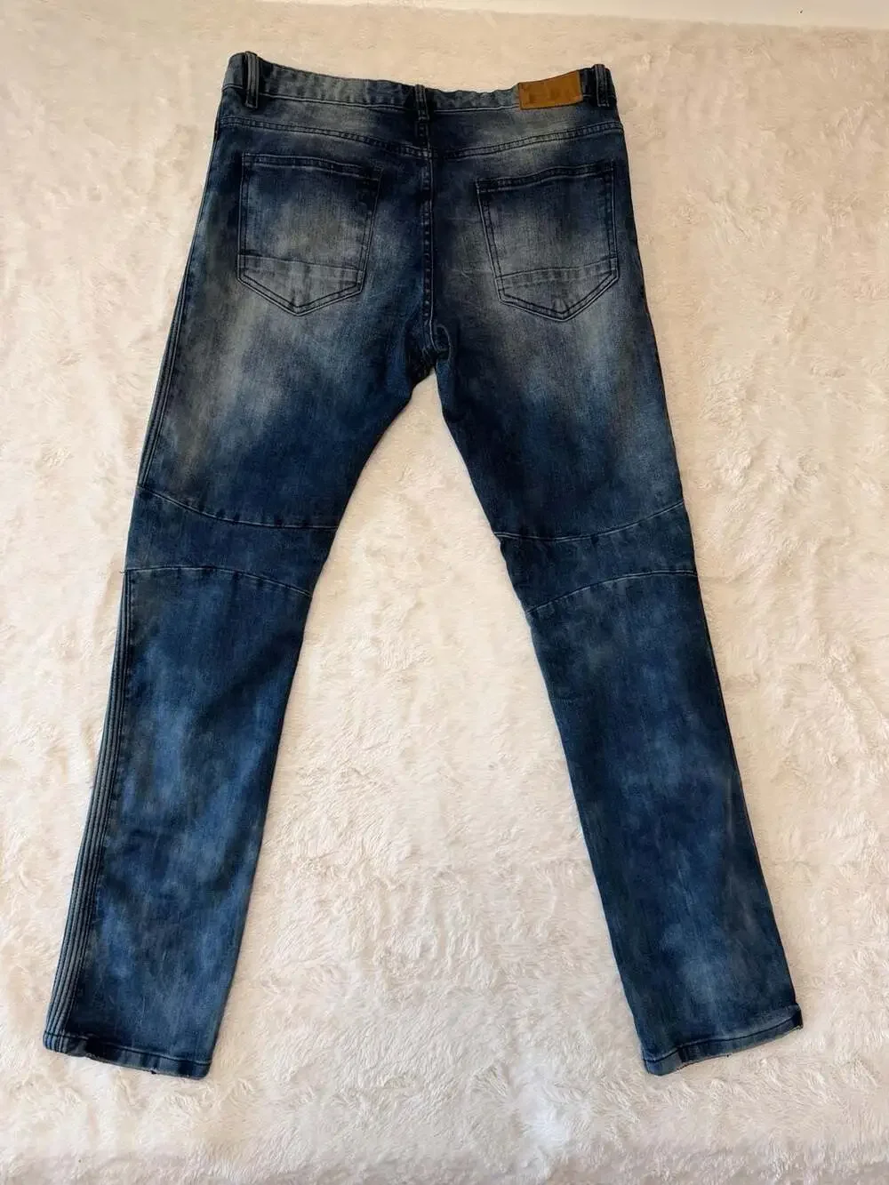 Smoke Rise | Men's Distressed Blue Moto Biker Jeans Zip Pockets Size 36x32